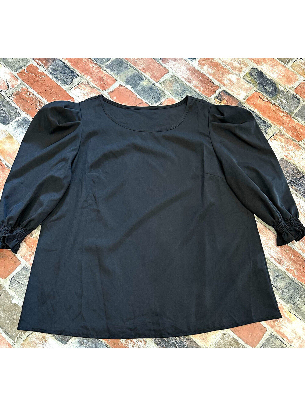 Women’s Black Polyester Woven Puff Sleeve Scoop Neck Pullover Blouse Size L